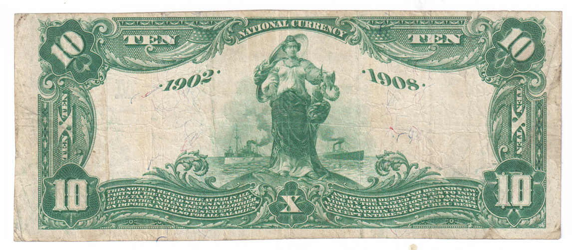 1902 $10 Blue Seal Date Back - Farmersville, IL Charter #10057 - VF/pinholes/stains