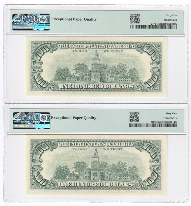 Four 1988 $100 St. Louis Fr# 2172-H, three sequential, three GemCU-65 EPQ and one GemCU-66 EPQ, all PMG