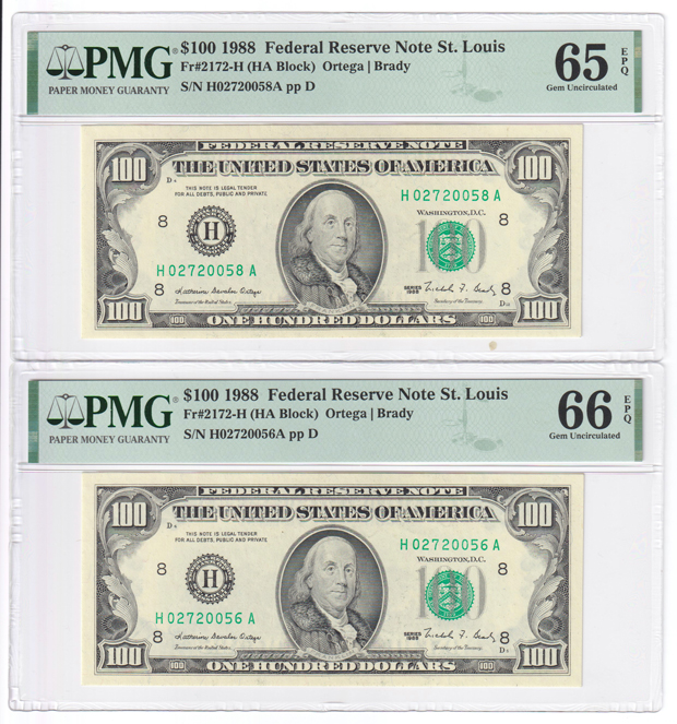 Four 1988 $100 St. Louis Fr# 2172-H, three sequential, three GemCU-65 EPQ and one GemCU-66 EPQ, all PMG