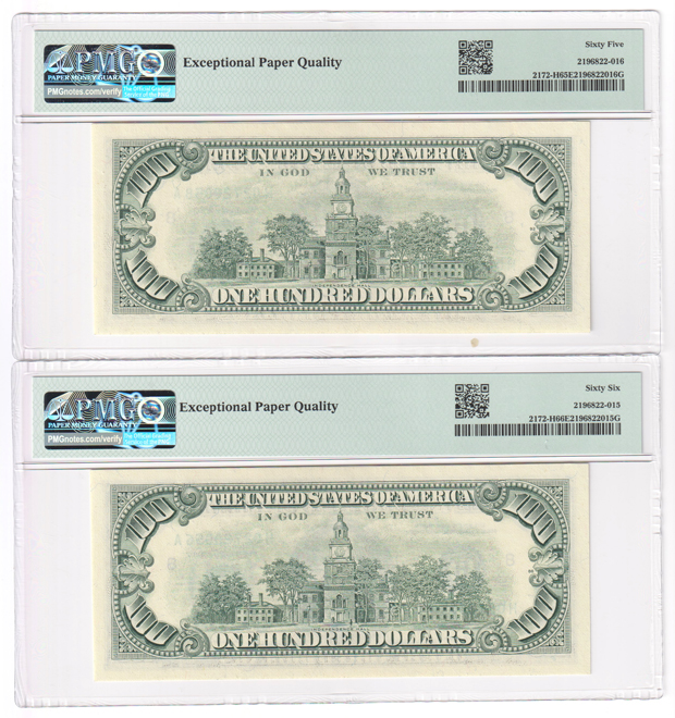 Four 1988 $100 St. Louis Fr# 2172-H, three sequential, three GemCU-65 EPQ and one GemCU-66 EPQ, all PMG