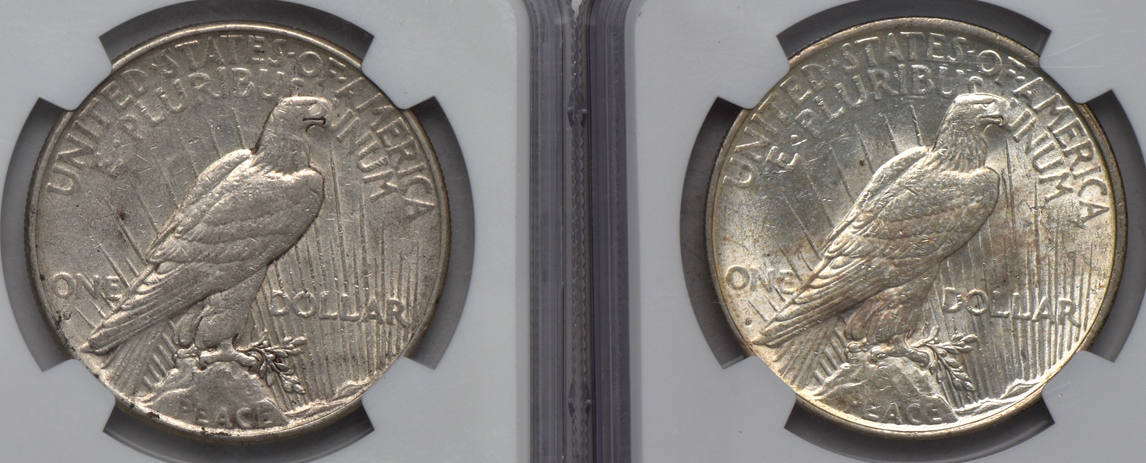 Two Morgan silver dollars, and two Peace silver dollars, all NGC AU