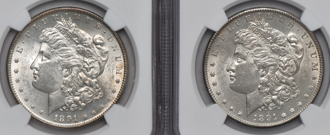 Two Morgan silver dollars, and two Peace silver dollars, all NGC AU