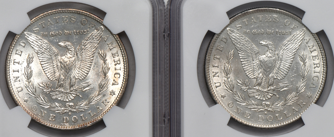 Two Morgan silver dollars, and two Peace silver dollars, all NGC AU