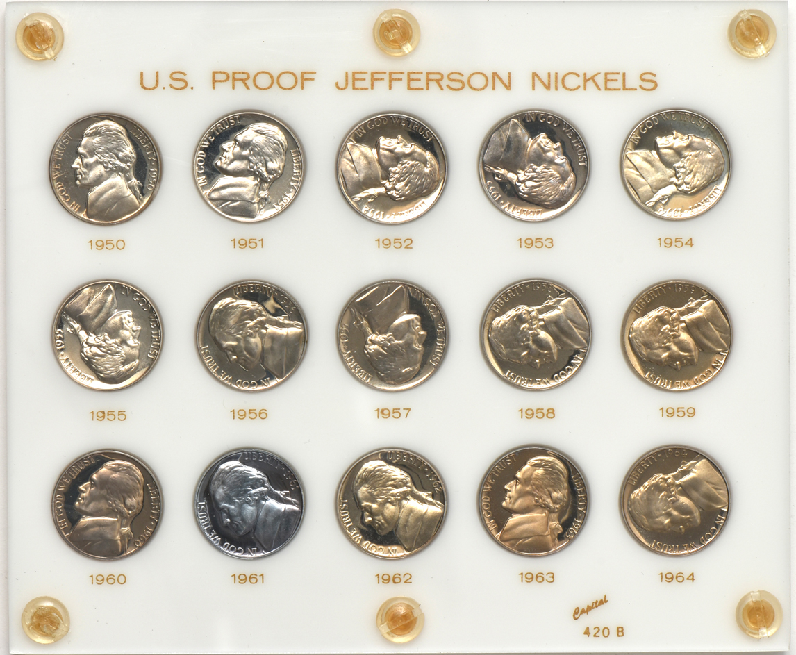 Collections of Proof Lincoln cents, Jefferson nickels, and Washington quarters in Capital Plastics holders
