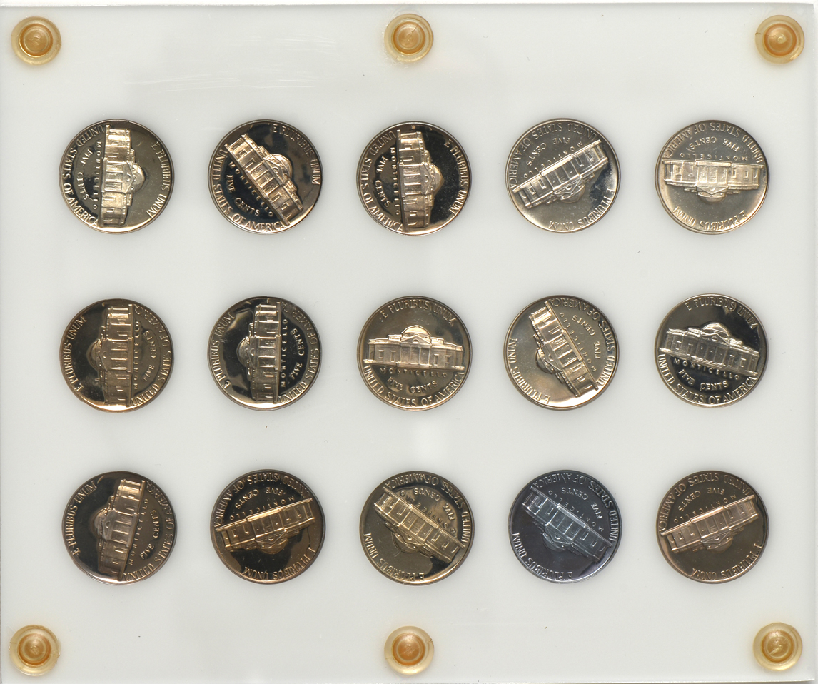 Collections of Proof Lincoln cents, Jefferson nickels, and Washington quarters in Capital Plastics holders