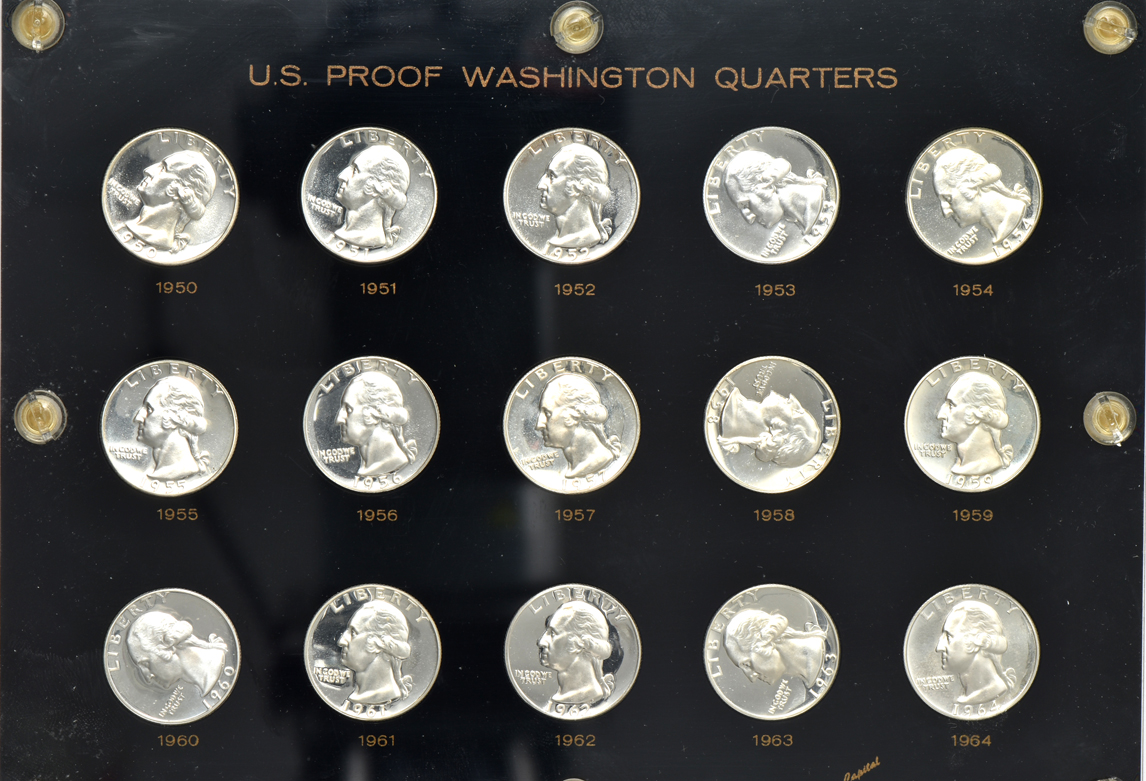 Collections of Proof Lincoln cents, Jefferson nickels, and Washington quarters in Capital Plastics holders