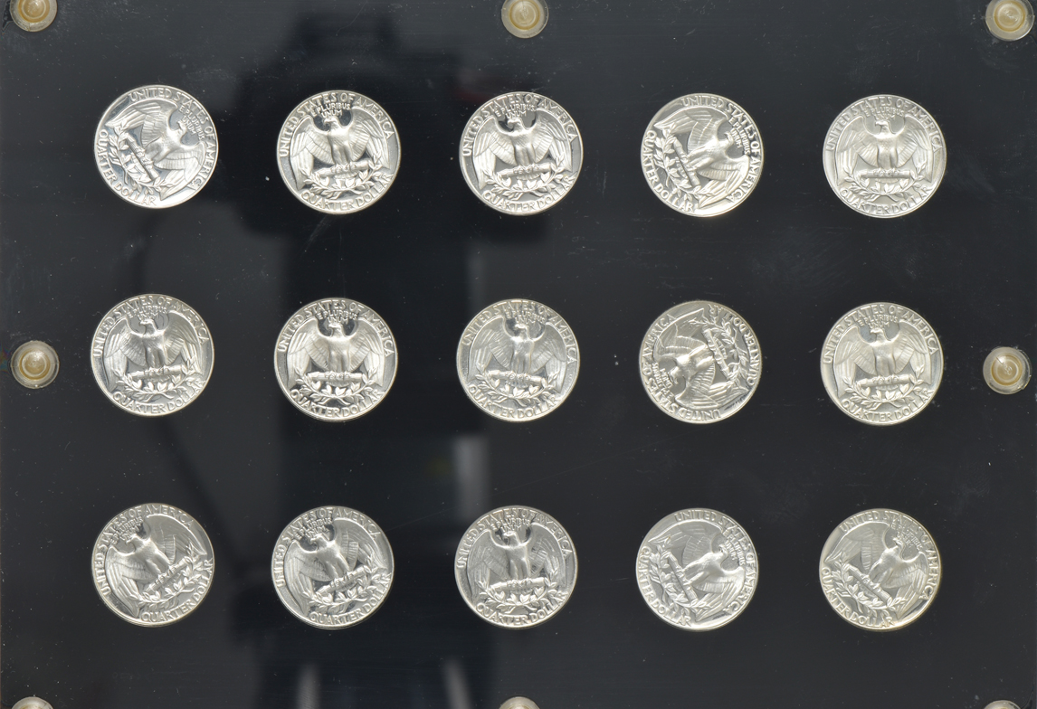 Collections of Proof Lincoln cents, Jefferson nickels, and Washington quarters in Capital Plastics holders
