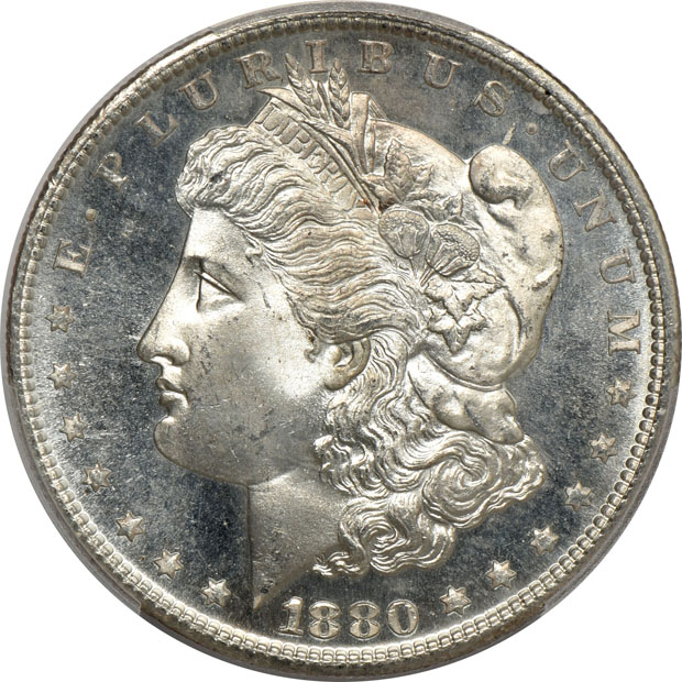 Four Morgan silver dollars, all PCGS CAC