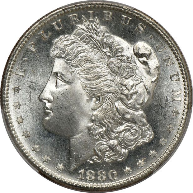 Four Morgan silver dollars, all PCGS CAC