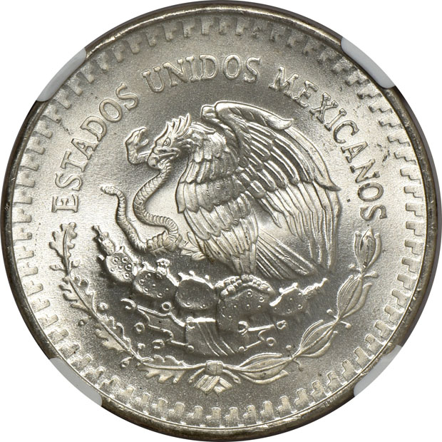 Mexico - Five 1983-Mo Double Die Reverse 1 onza - NGC MS-67