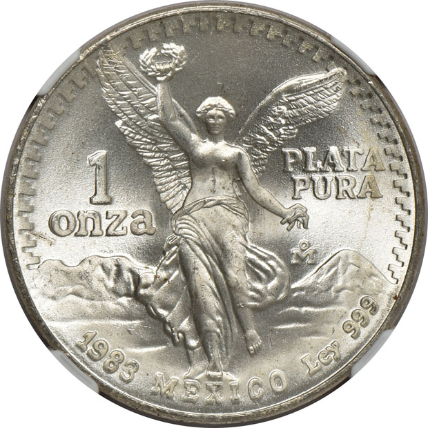 Mexico - Five 1983-Mo Double Die Reverse 1 onza - NGC MS-67
