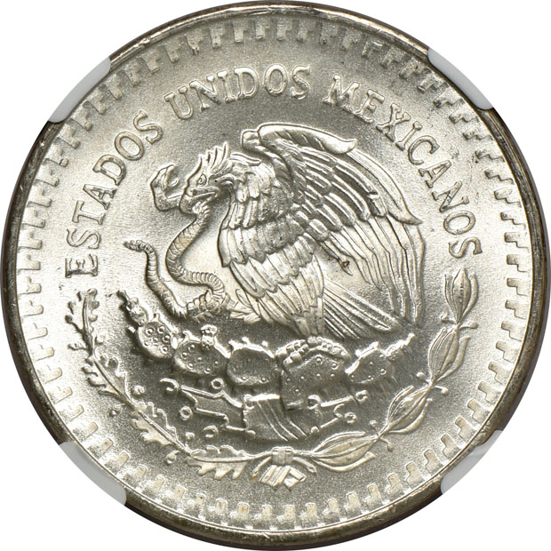 Mexico - Five 1983-Mo Double Die Reverse 1 onza - NGC MS-67