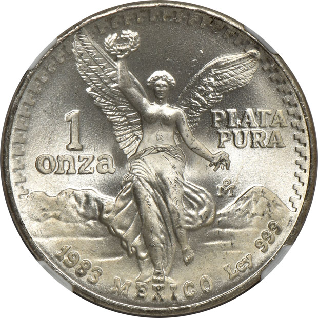 Mexico - Five 1983-Mo Double Die Reverse 1 onza - NGC MS-67