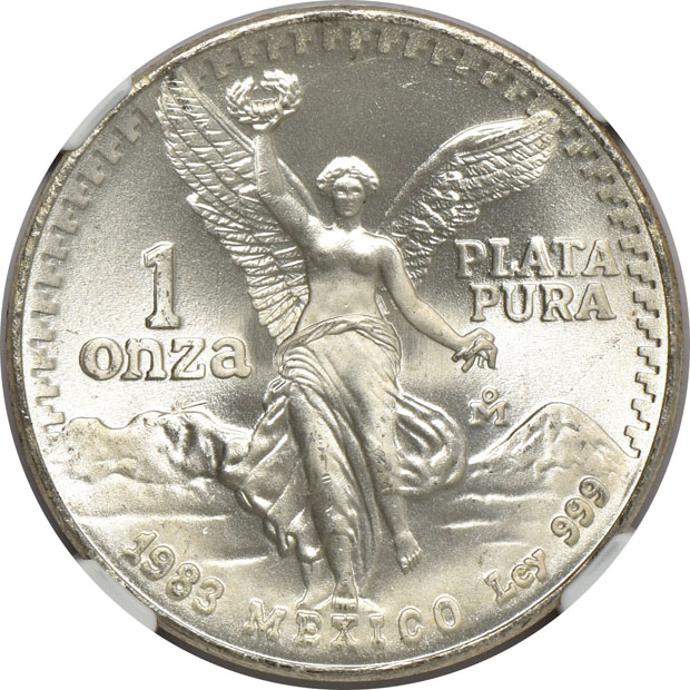 Mexico - Five 1983-Mo Double Die Reverse 1 onza - NGC MS-67