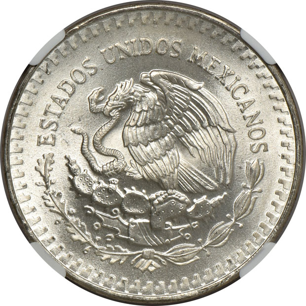 Mexico - Ten 1983-Mo Doubled Die Reverse 1 onza - NGC MS-66
