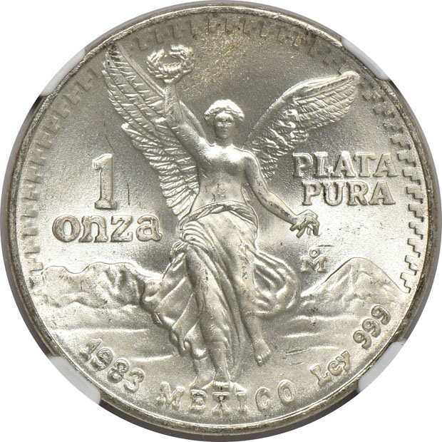 Mexico - Ten 1983-Mo Doubled Die Reverse 1 onza - NGC MS-66
