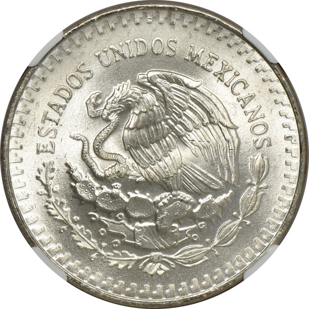 Mexico - Ten 1983-Mo Doubled Die Reverse 1 onza - NGC MS-66