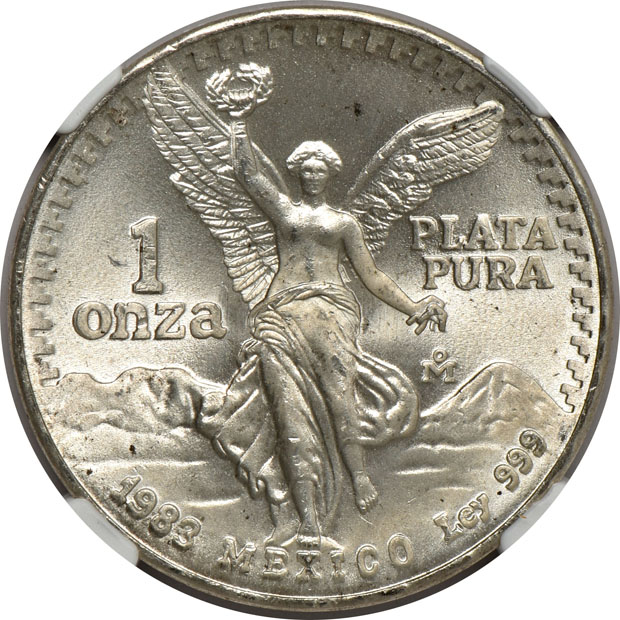Mexico - Ten 1983-Mo Doubled Die Reverse 1 onza - NGC MS-66