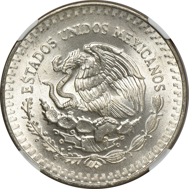 Mexico - Ten 1983-Mo Doubled Die Reverse 1 onza - NGC MS-66