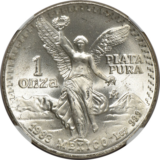 Mexico - One 1982-Mo Doubled Die Reverse 1 onza, and nine 1983-Mo Doubled Die Reverse 1 onza - NGC MS-66