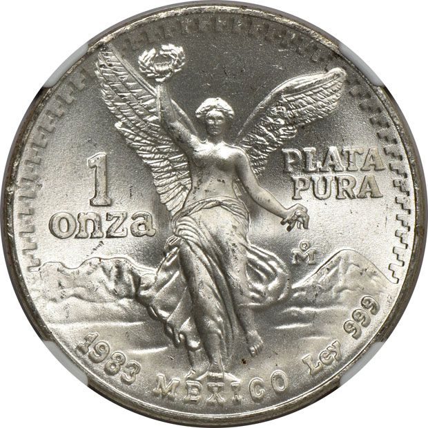 Mexico - One 1982-Mo Doubled Die Reverse 1 onza, and nine 1983-Mo Doubled Die Reverse 1 onza - NGC MS-66