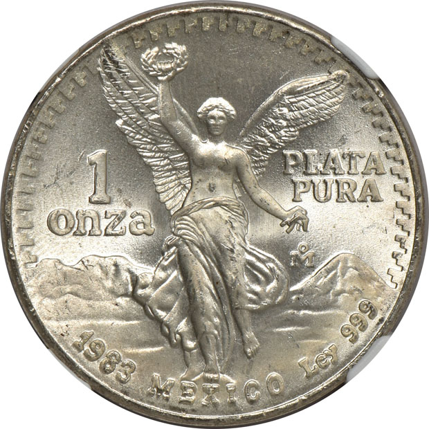 Mexico - One 1982-Mo Doubled Die Reverse 1 onza, and nine 1983-Mo Doubled Die Reverse 1 onza - NGC MS-66
