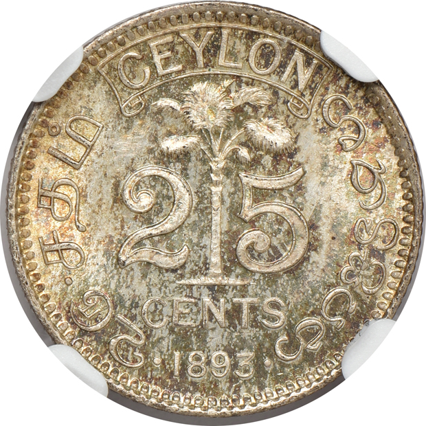 Ceylon - 1892 5c MS-62 RB, 1893 10c MS-64, and an 1893 25c MS-64, all NGC