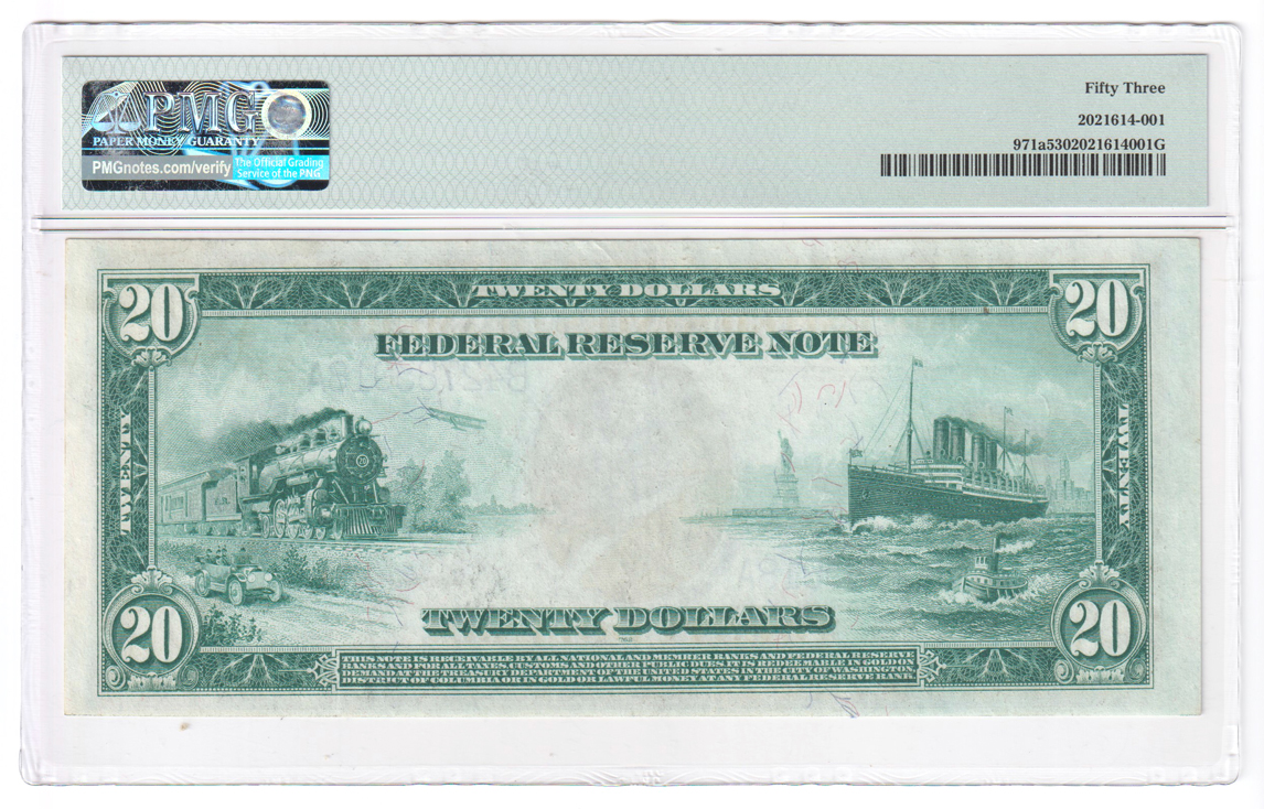 1914 $20 New York Blue Seal Fr# 971a - PMG AU-53