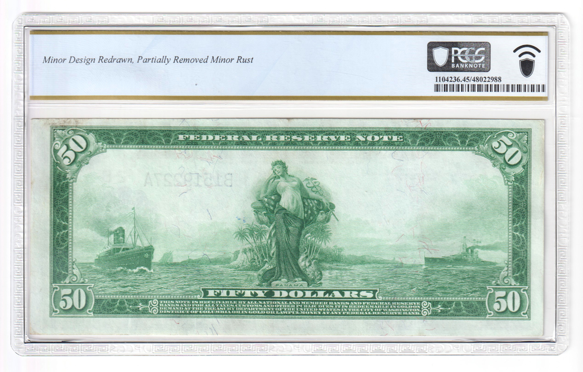 1914 $50 New York Blue Seal Fr# 1028 - PCGS XF-45/minor design redrawn, partially removed minor rust