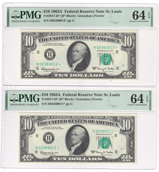 Five sequential 1963-A $10 St. Louis Star Fr# 2017-H* - PMG ChCU-64 EPQ