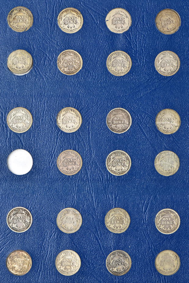 Collection of Barber dimes in a nearly full (missing just 1895) Whitman 9412 album