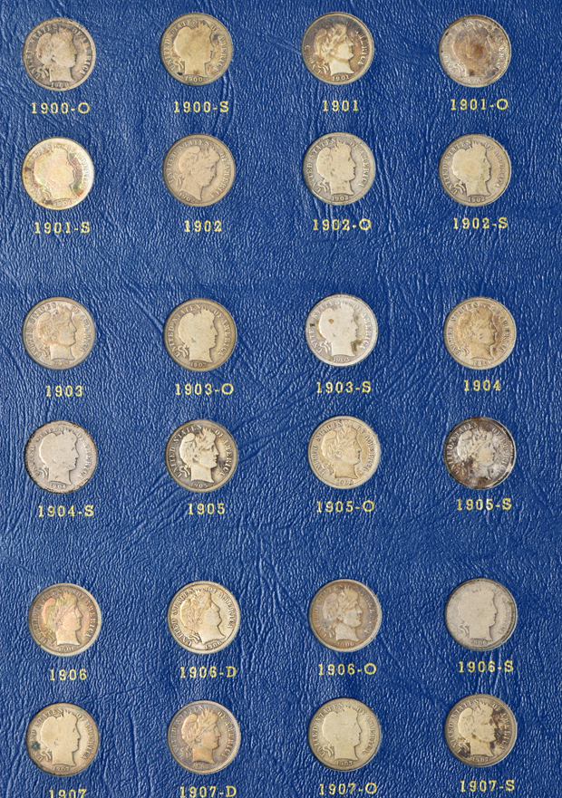 Collection of Barber dimes in a nearly full (missing just 1895) Whitman 9412 album