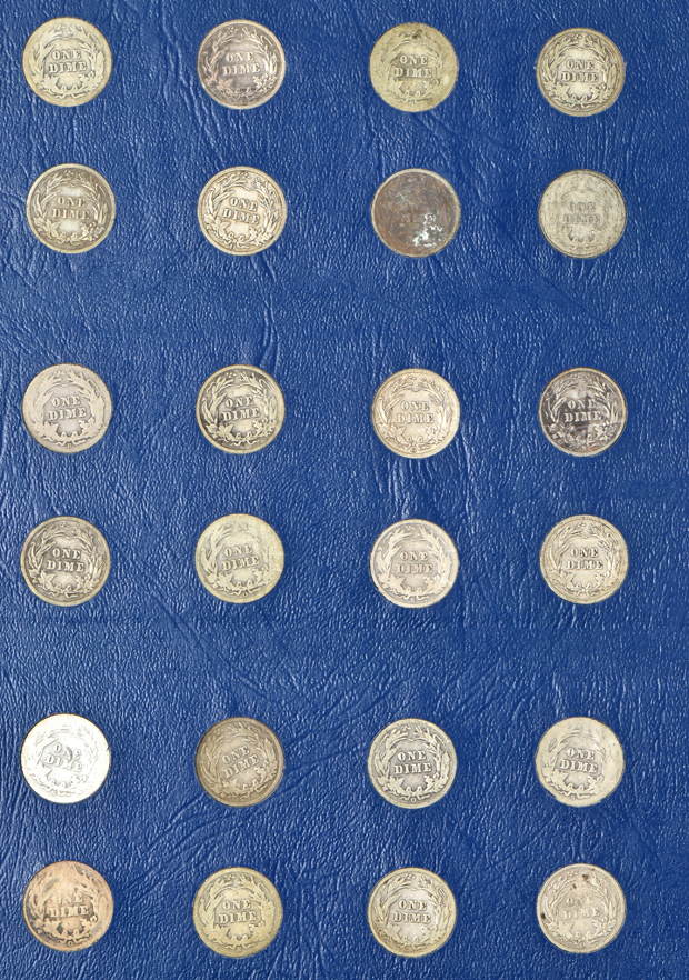Collection of Barber dimes in a nearly full (missing just 1895) Whitman 9412 album