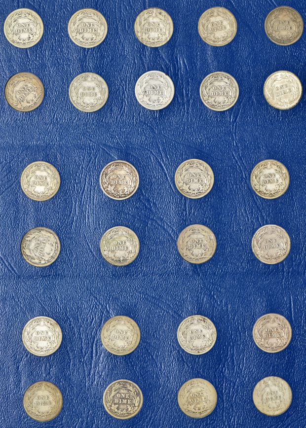Collection of Barber dimes in a nearly full (missing just 1895) Whitman 9412 album