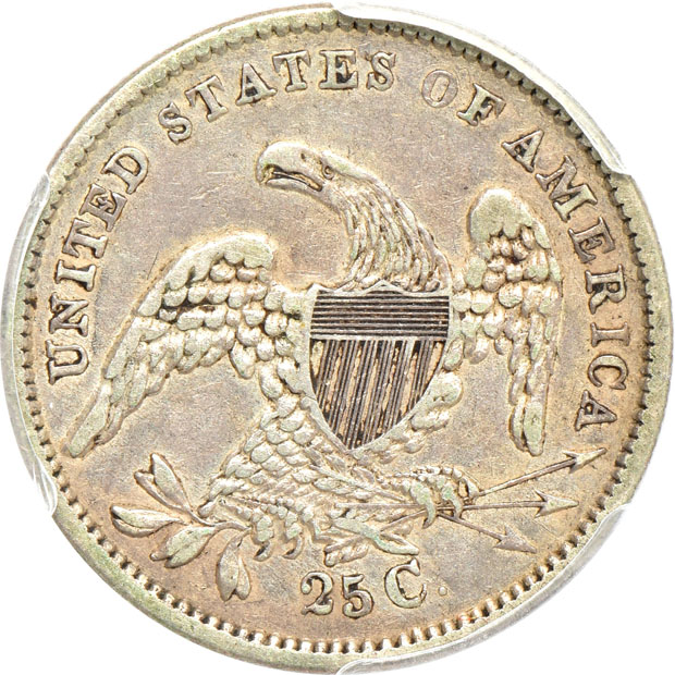 An Indian-Head cent, Capped Bust half-dime, and two Capped Bust quarters, all PCGS