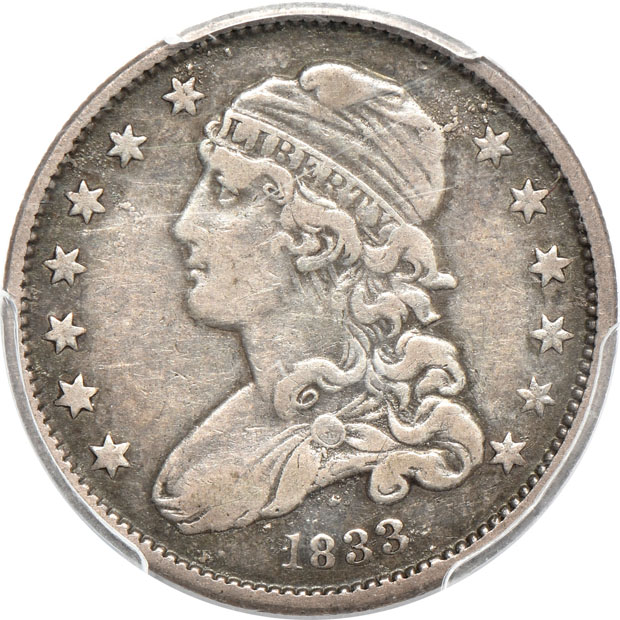 An Indian-Head cent, Capped Bust half-dime, and two Capped Bust quarters, all PCGS