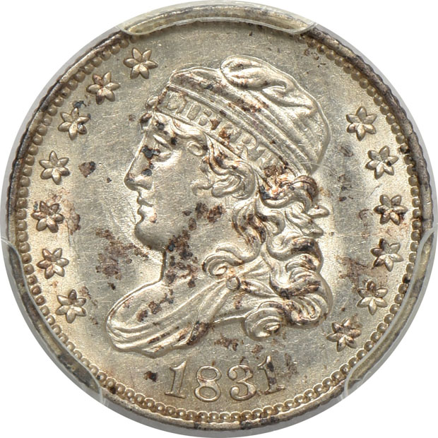 An Indian-Head cent, Capped Bust half-dime, and two Capped Bust quarters, all PCGS