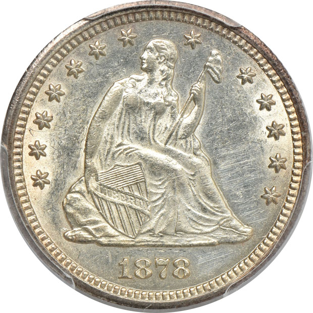 1829 Capped Bust half-dime MS-62, 1840 Seated Liberty half-dime AU-55, and an 1878-CC Seated Liberty quarter AU-55, all PCGS