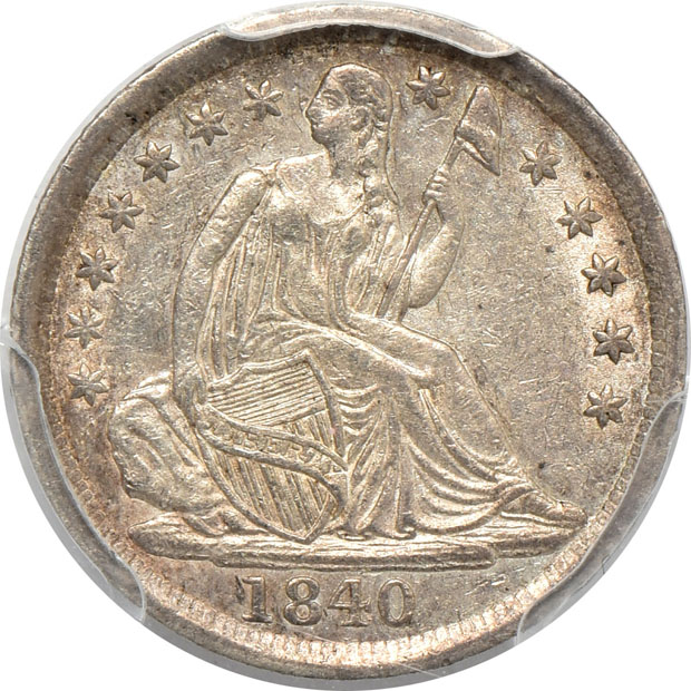1829 Capped Bust half-dime MS-62, 1840 Seated Liberty half-dime AU-55, and an 1878-CC Seated Liberty quarter AU-55, all PCGS
