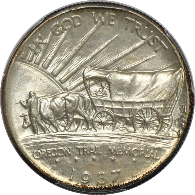 1935 Arkansas MS-63 (green label) GOLD CAC, 1935-D Texas MS-65 (green label) GOLD CAC, and a 1937-D Oregon MS-67 CAC, all PCGS 