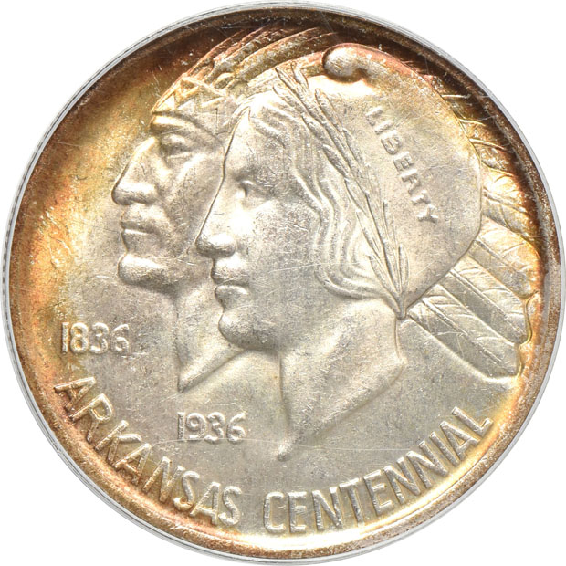 1935 Arkansas MS-63 (green label) GOLD CAC, 1935-D Texas MS-65 (green label) GOLD CAC, and a 1937-D Oregon MS-67 CAC, all PCGS 
