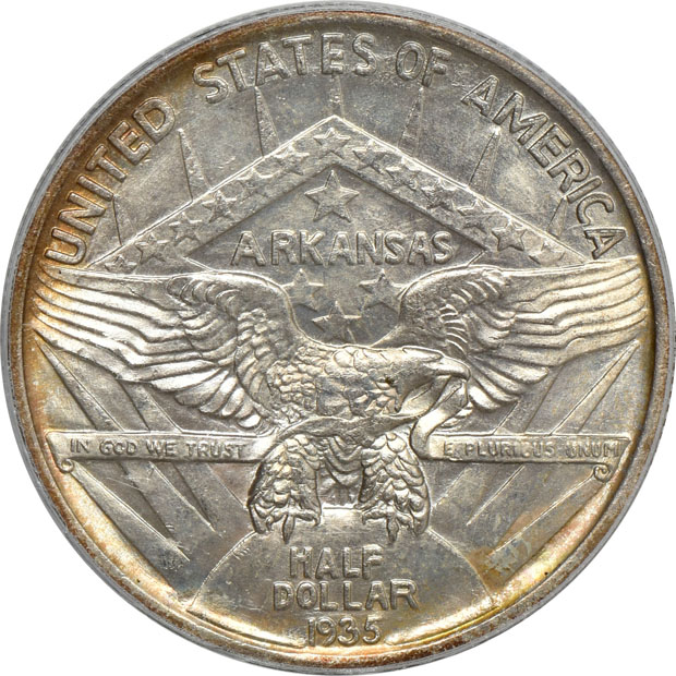 1935 Arkansas MS-63 (green label) GOLD CAC, 1935-D Texas MS-65 (green label) GOLD CAC, and a 1937-D Oregon MS-67 CAC, all PCGS 