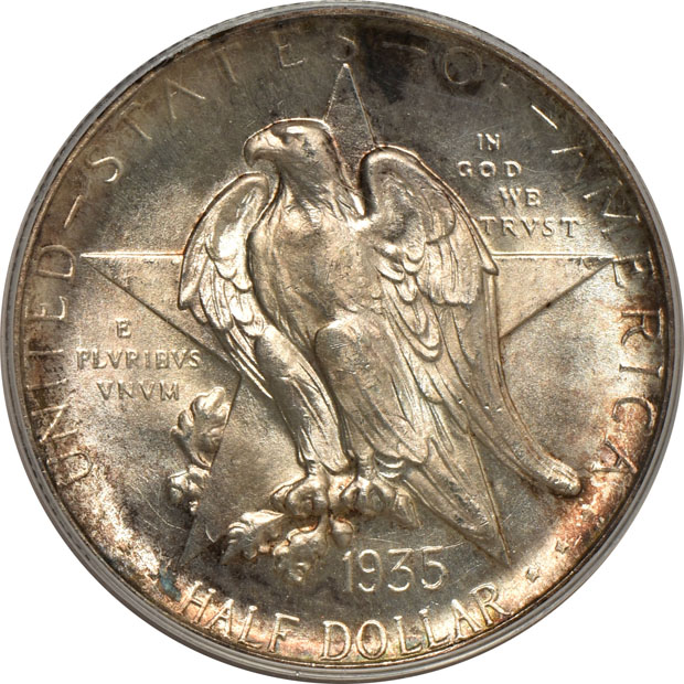 1935 Arkansas MS-63 (green label) GOLD CAC, 1935-D Texas MS-65 (green label) GOLD CAC, and a 1937-D Oregon MS-67 CAC, all PCGS 