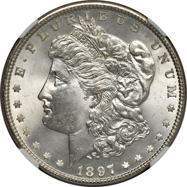 Five certified MS-65 Morgan silver dollars, three NGC and two PCGS