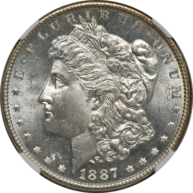 Five certified MS-65 Morgan silver dollars, three NGC and two PCGS