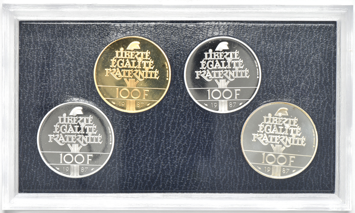 France - 1987 La Monnaie De Paris four-coin La Fayette Platinum, Silver, Gold and Palladium Proof Set with certificate and case