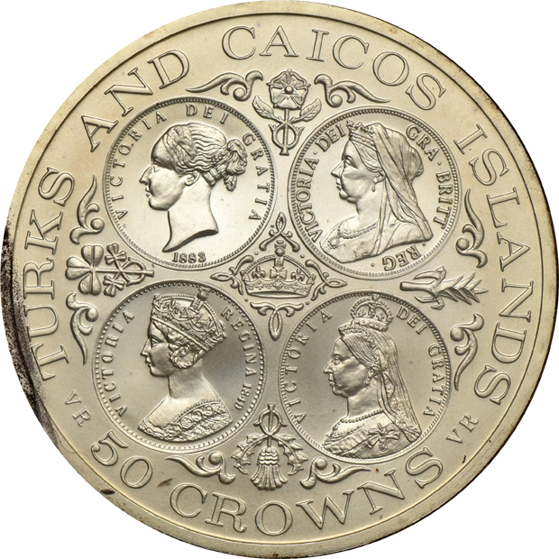 Turks And Caicos Islands - 1976 silver 20 crown, silver 50 crown, and gold 100 crown in original holder