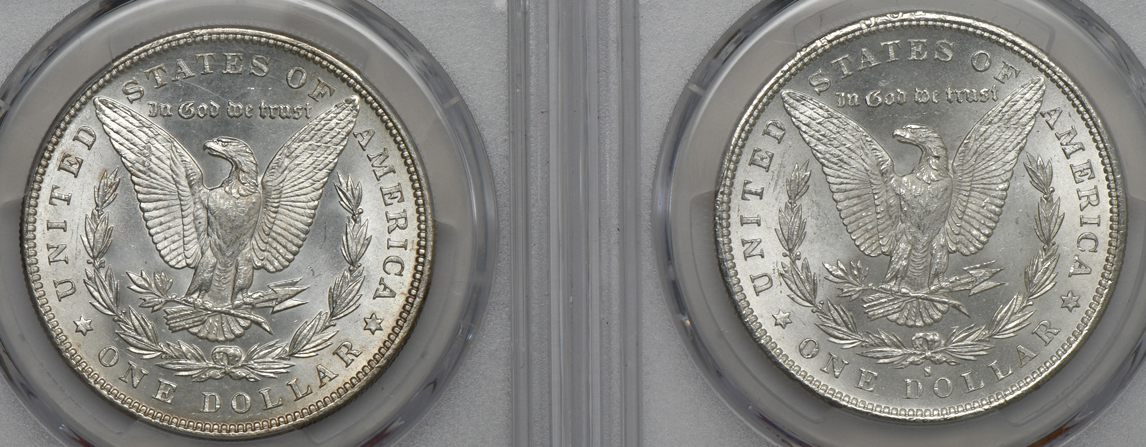 Four Morgan silver dollars.  Three MS-64+CAC, and one MS-64PL (green label)