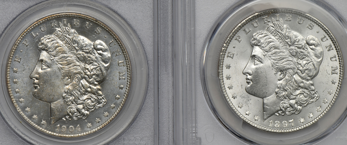 Four Morgan silver dollars.  Three MS-64+CAC, and one MS-64PL (green label)