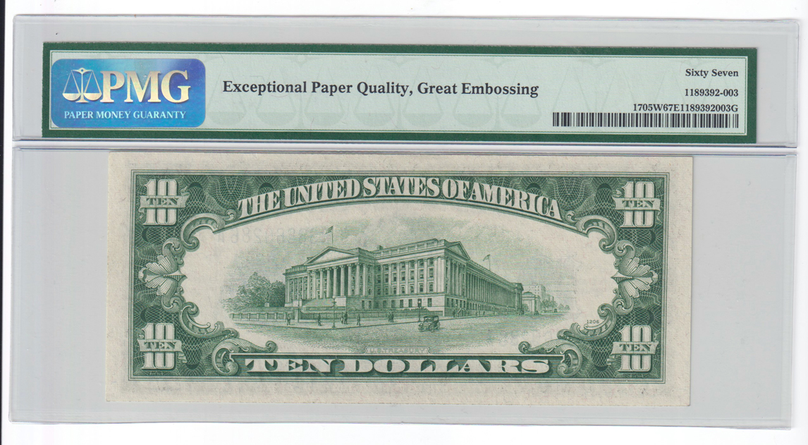 1934-D $10 Fr# 1705W - PMG GemCU-67 EPQ, Great Embossing